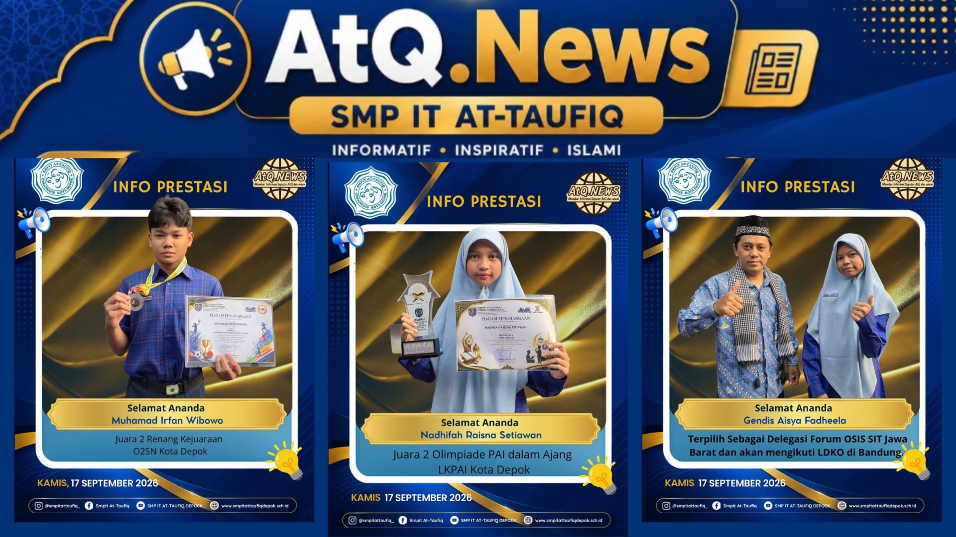 Tiga prestasi berhasil ditorehkan oleh siswa SMP IT At-Taufiq dalam berbagai bidang; kepala sekolah memberikan apresiasi.